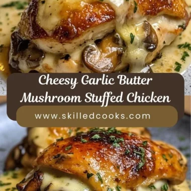 Cheesy garlic butter mushroom stuffed chicken on a plate ready to serve.