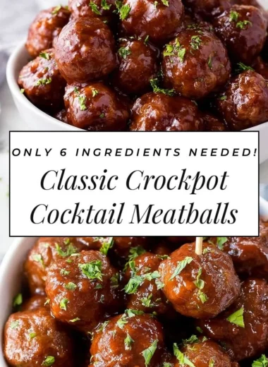 Delicious classic crockpot cocktail meatballs served in a festive dish.