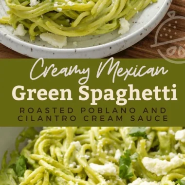 Creamy Mexican green spaghetti dish with fresh ingredients and vibrant color.