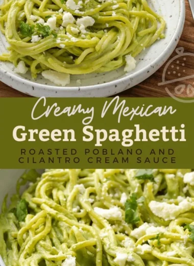 Creamy Mexican green spaghetti dish with fresh ingredients and vibrant color.