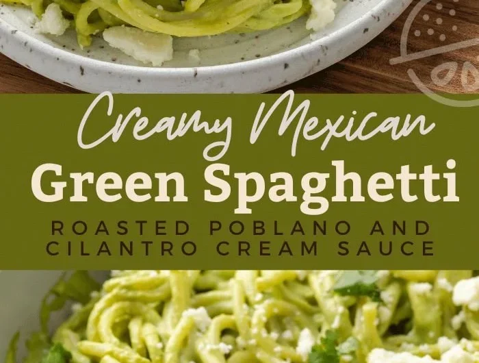 Creamy Mexican green spaghetti dish with fresh ingredients and vibrant color.