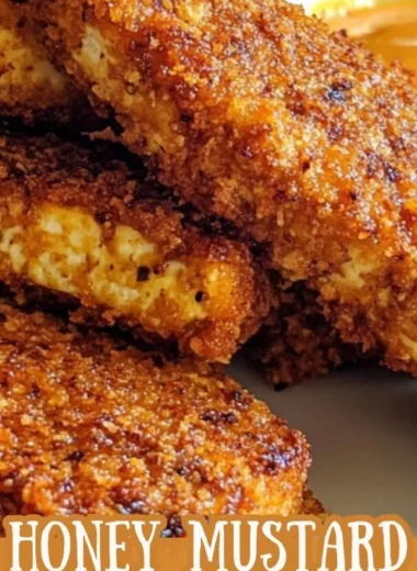 Crispy baked honey mustard tofu tenders served on a plate with dipping sauce.