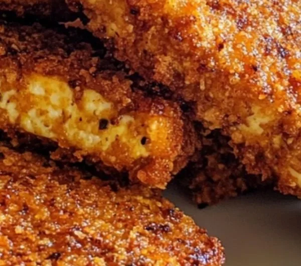 Crispy baked honey mustard tofu tenders served on a plate with dipping sauce.