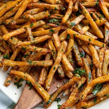 A plate of crispy Garlic Cilantro Fries garnished with fresh herbs