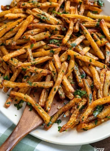 A plate of crispy Garlic Cilantro Fries garnished with fresh herbs