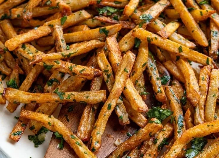 A plate of crispy Garlic Cilantro Fries garnished with fresh herbs