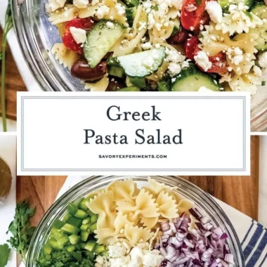 Delicious Greek Pasta Salad with olives, feta, and vegetables
