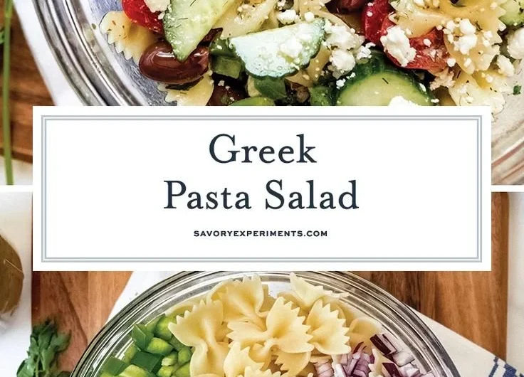 Delicious Greek Pasta Salad with olives, feta, and vegetables
