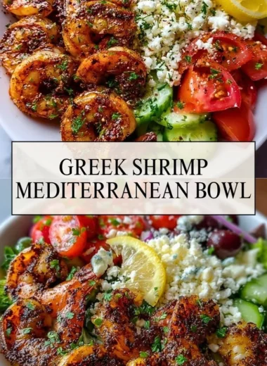 Greek Shrimp Mediterranean Bowl with colorful veggies and shrimp on a plate
