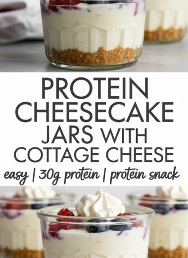 Healthy protein cheesecake jars topped with fresh berries and nuts