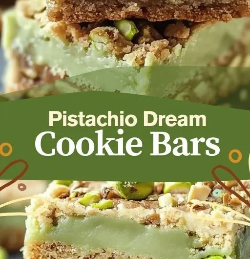 Pistachio Dream Cookie Bars stacked on a plate, showcasing their chewy texture.