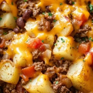 Slow Cooker Cowboy Casserole with beef, beans, and cheese in a slow cooker.