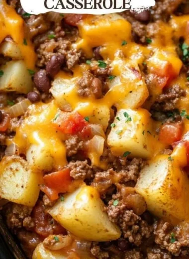 Slow Cooker Cowboy Casserole with beef, beans, and cheese in a slow cooker.