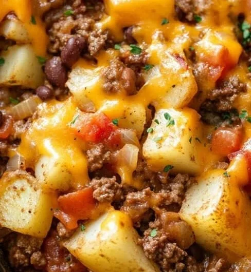 Slow Cooker Cowboy Casserole with beef, beans, and cheese in a slow cooker.