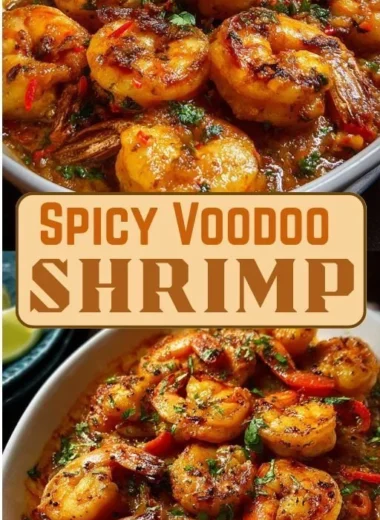 Plate of spicy Voodoo Shrimp garnished with herbs and spices