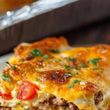 Delicious Taco Lasagna layered with cheese and taco seasoning
