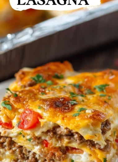 Delicious Taco Lasagna layered with cheese and taco seasoning