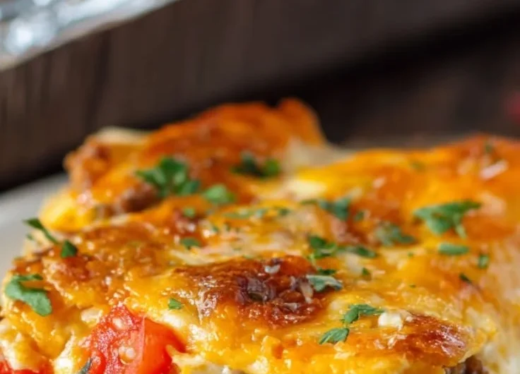 Delicious Taco Lasagna layered with cheese and taco seasoning