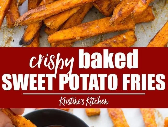 Crispy baked sweet potato fries served in a bowl, garnished with herbs.