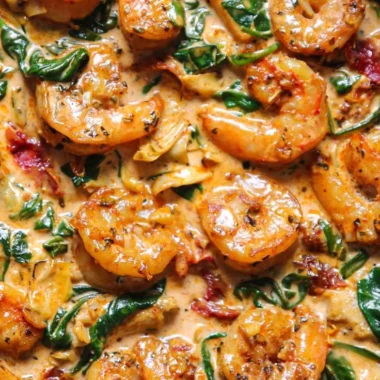 Delicious Tuscan shrimp with spinach, artichokes, and sun-dried tomatoes served on a plate