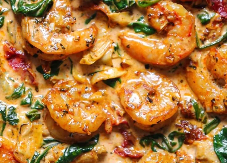 Delicious Tuscan shrimp with spinach, artichokes, and sun-dried tomatoes served on a plate