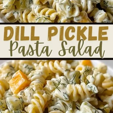 Zesty dill pickle pasta salad served in a bowl, perfect for summer picnics.
