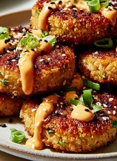 Plate of delicious Asian Tuna Cakes served with dipping sauce