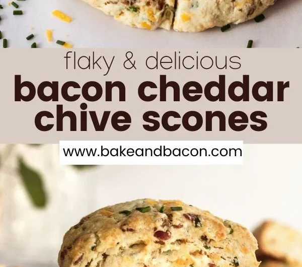 Freshly baked Bacon Cheddar Chive Scones on a rustic wooden table
