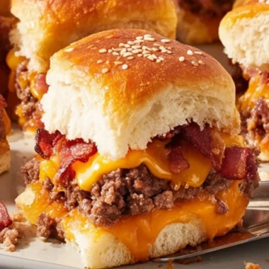 Bacon cheeseburger slider bake served on a platter with toppings