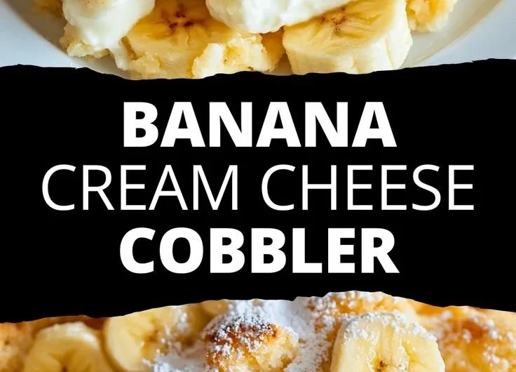 Delicious banana cream cheese cobbler served with fresh bananas and whipped cream.