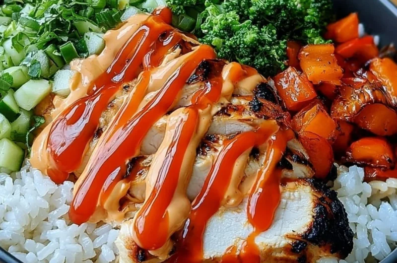 Colorful Bang Bang Chicken Bowl with vibrant veggies and sauce