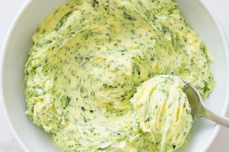 Basil pesto butter spread on bread with fresh basil leaves