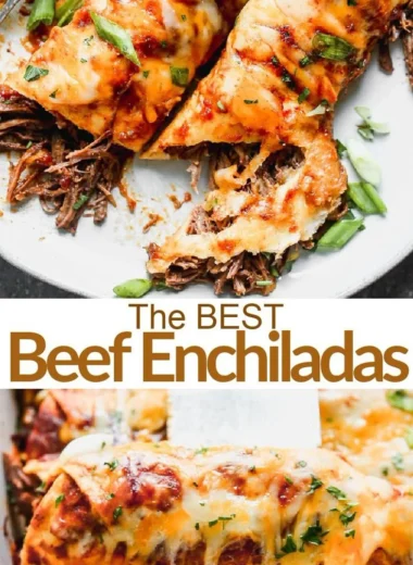 Delicious homemade beef enchiladas topped with cheese and served on a plate