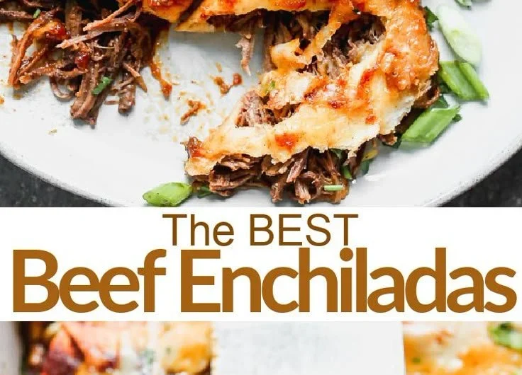 Delicious homemade beef enchiladas topped with cheese and served on a plate