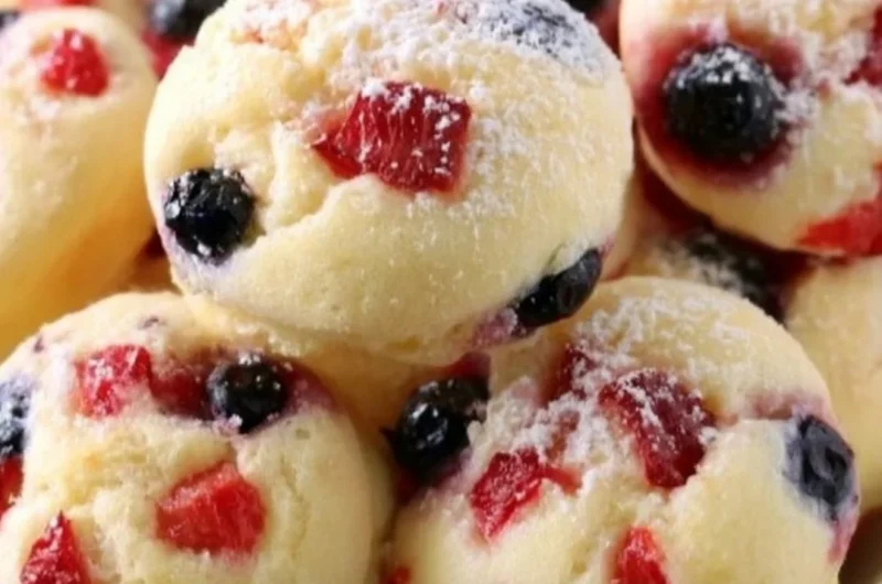 Delicious berry protein pancake bites stacked on a plate