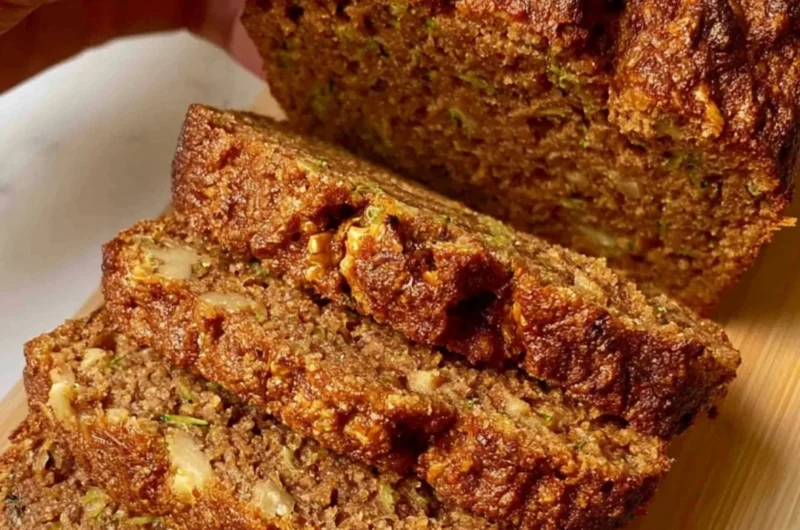 Delicious slice of best zucchini bread on a wooden table.