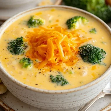 Delicious bowl of Broccoli Cheese Soup garnished with cheese and broccoli