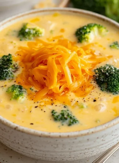 Delicious bowl of Broccoli Cheese Soup garnished with cheese and broccoli