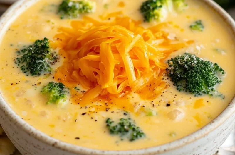 Delicious bowl of Broccoli Cheese Soup garnished with cheese and broccoli