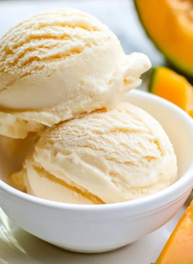 Creamy cantaloupe ice cream with sea salt served in a bowl