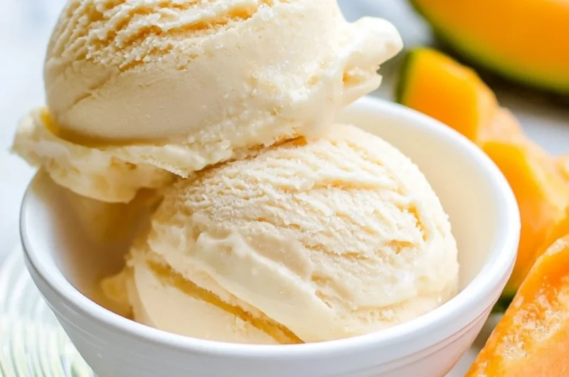 Creamy cantaloupe ice cream with sea salt served in a bowl