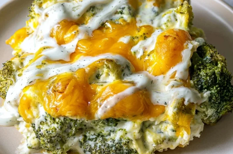 Cheesy broccoli casserole baked until golden and bubbly, featuring fresh broccoli and cheese.