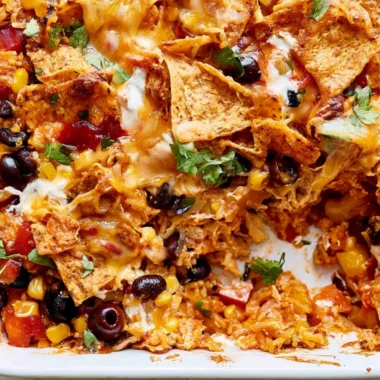 Cheesy Dorito Veggie Casserole with colorful vegetables and Doritos