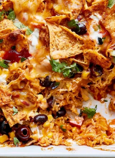 Cheesy Dorito Veggie Casserole with colorful vegetables and Doritos