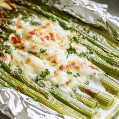 Cheesy grilled asparagus prepared in foil packs on a barbecue grill