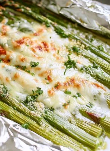 Cheesy grilled asparagus prepared in foil packs on a barbecue grill