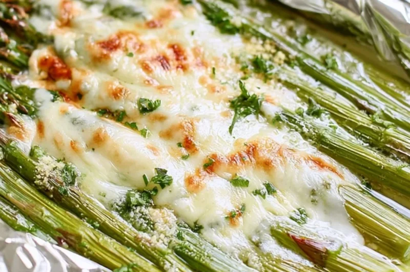 Cheesy grilled asparagus prepared in foil packs on a barbecue grill