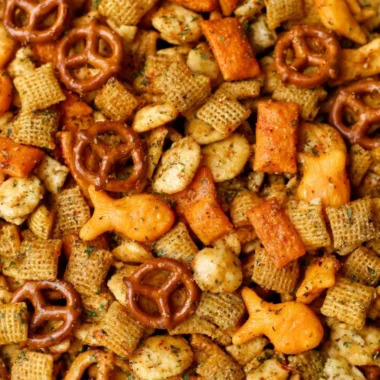 Bowl of Cheesy Ranch Chex Mix with crispy cereals and ranch seasoning