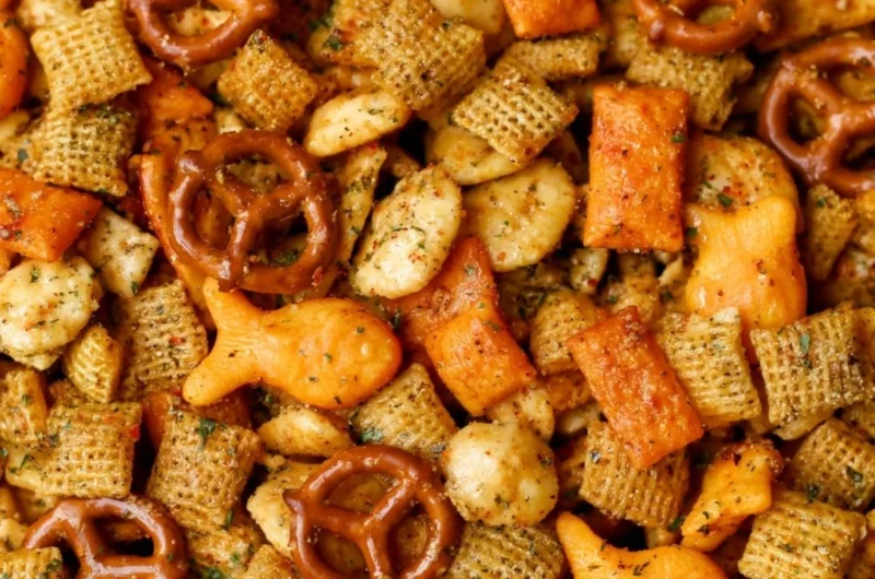Bowl of Cheesy Ranch Chex Mix with crispy cereals and ranch seasoning