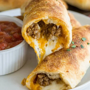 Cheesy taco sticks served on a plate with dipping sauce